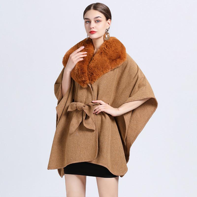 Faux Rex Rabbit Fur Collar Knit Shawl Cape - Nioor