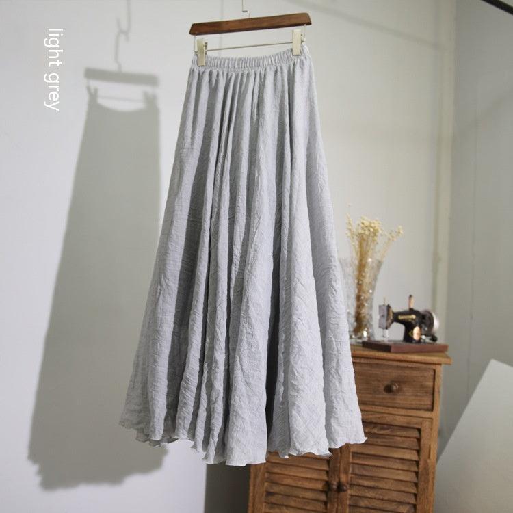 Women's Cotton Linen Elastic-waist Linen A- Line Skirt - Nioor