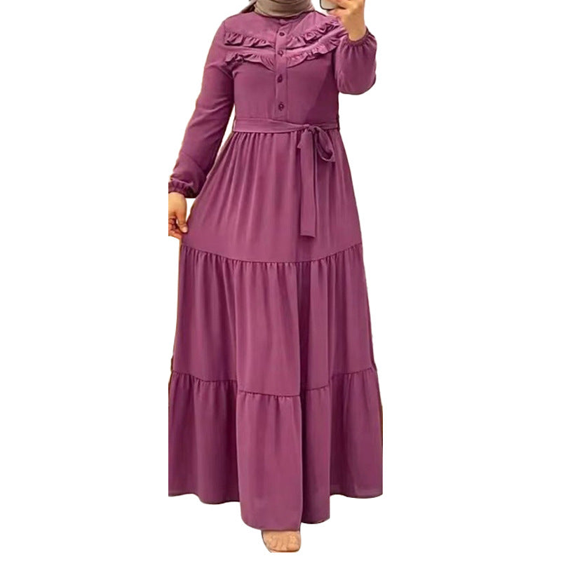 New Muslim Robe Solid Color With Belt Fashion Casual Dress