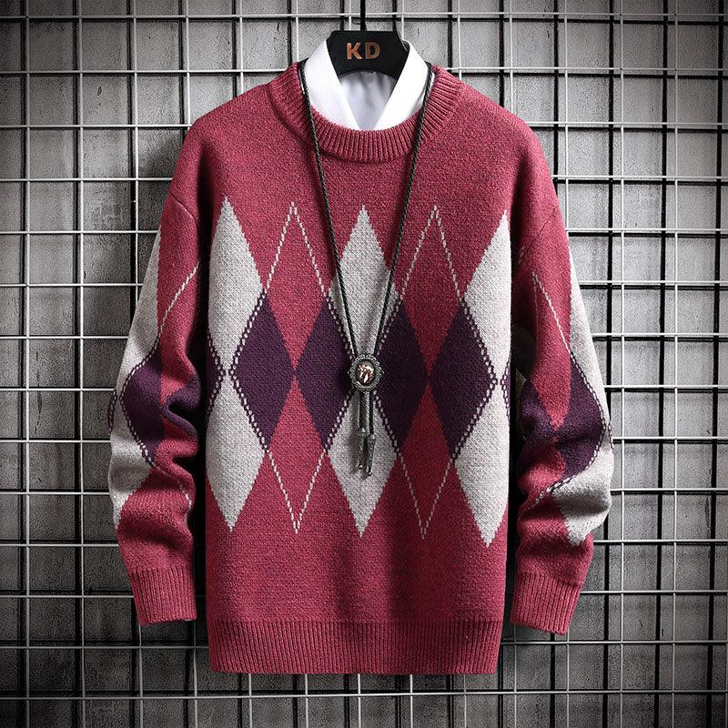 Men's Sweater Round Neck Trend Loose Plaid Top - Nioor