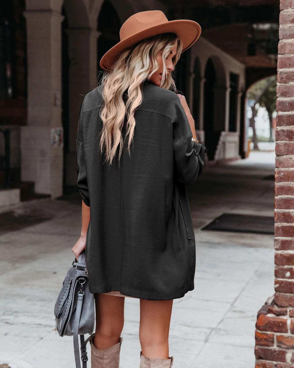 Medium Long Loose Casual Long Sleeve Trench Coat - Nioor