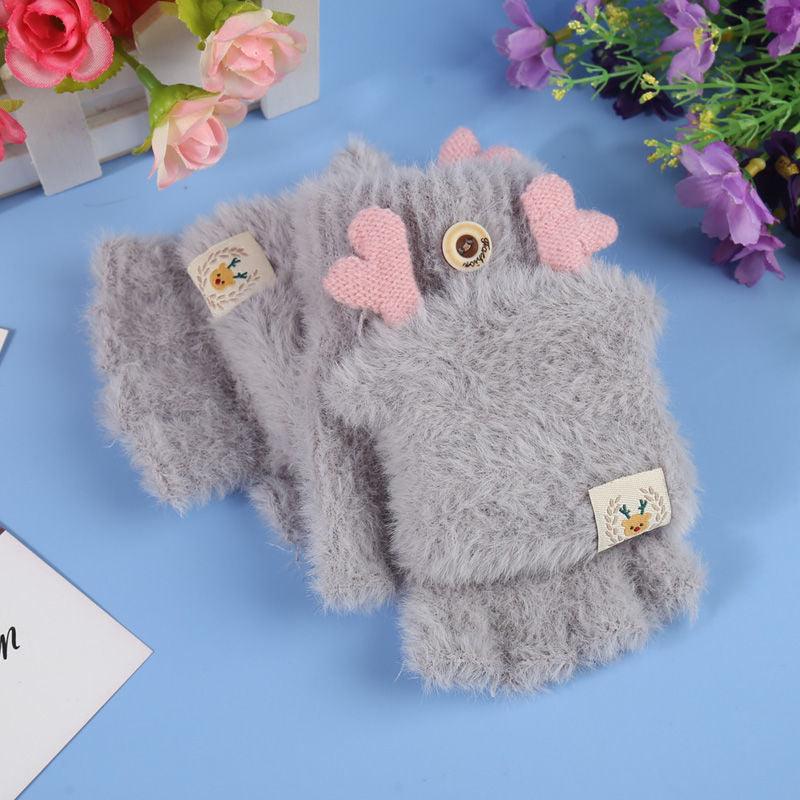 Plush Gloves Female Flip Half Finger Toe Cute Cartoon - Nioor