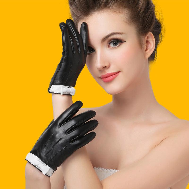 Leather Gloves Ladies Sheepskin Bow - Nioor