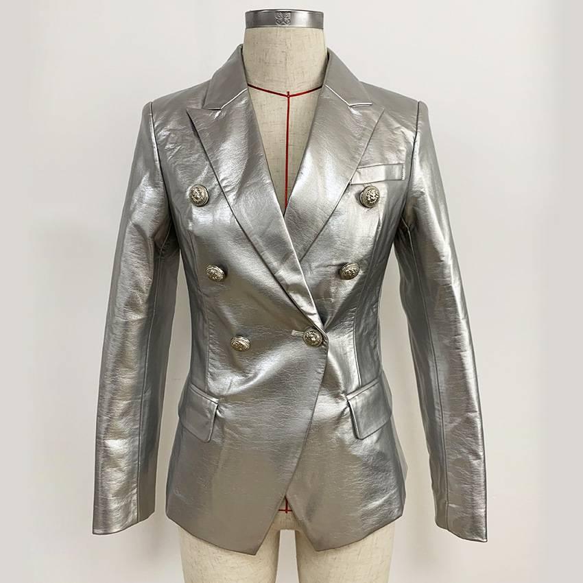 Double-breasted Shiny Silver Synthetic Leather Slim Suit Jacket - Nioor