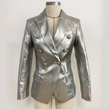 Double-breasted Shiny Silver Synthetic Leather Slim Suit Jacket - Nioor