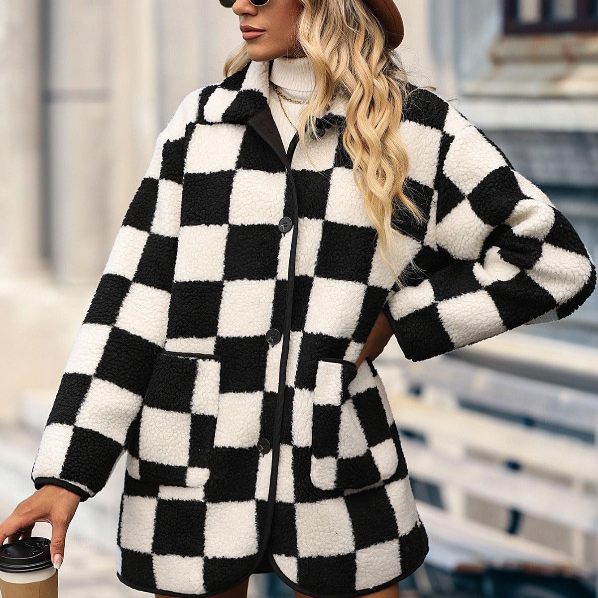 Mid-length Plush Hooded Chessboard Plaid Coat - Nioor