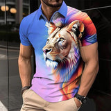 Polo Golf Shirt Animal Lion Pattern Printed Flanging Short Sleeve - Nioor