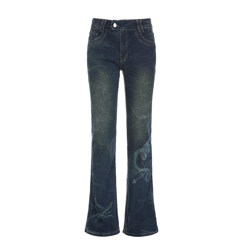 American-style Distressed Washed Printed Skinny Jeans - Nioor