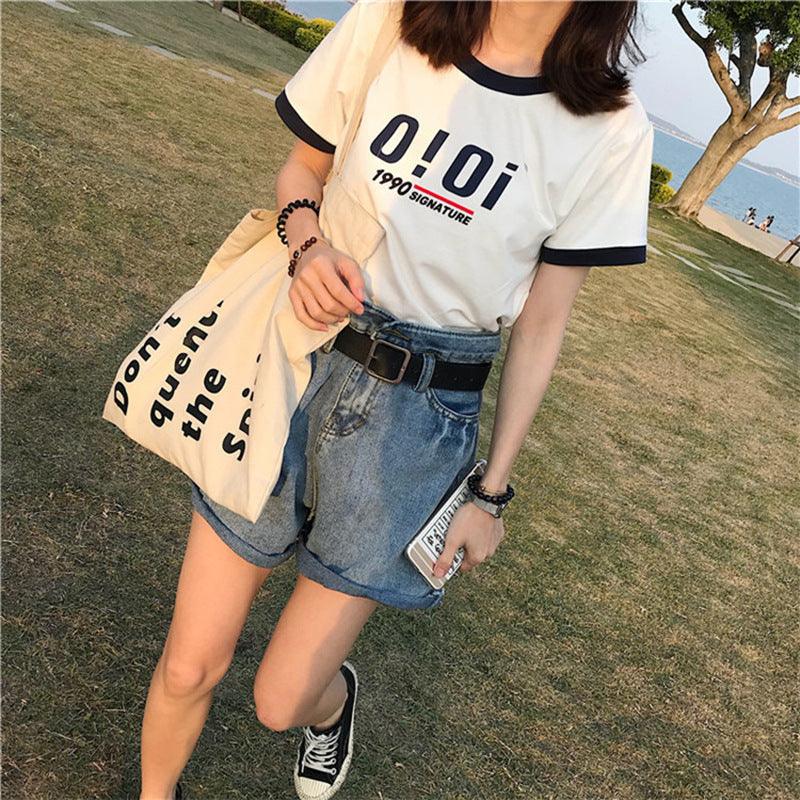 Letter Color Matching Short-sleeved T-shirt Summer Korean Style Slim-fit Student Top - Nioor