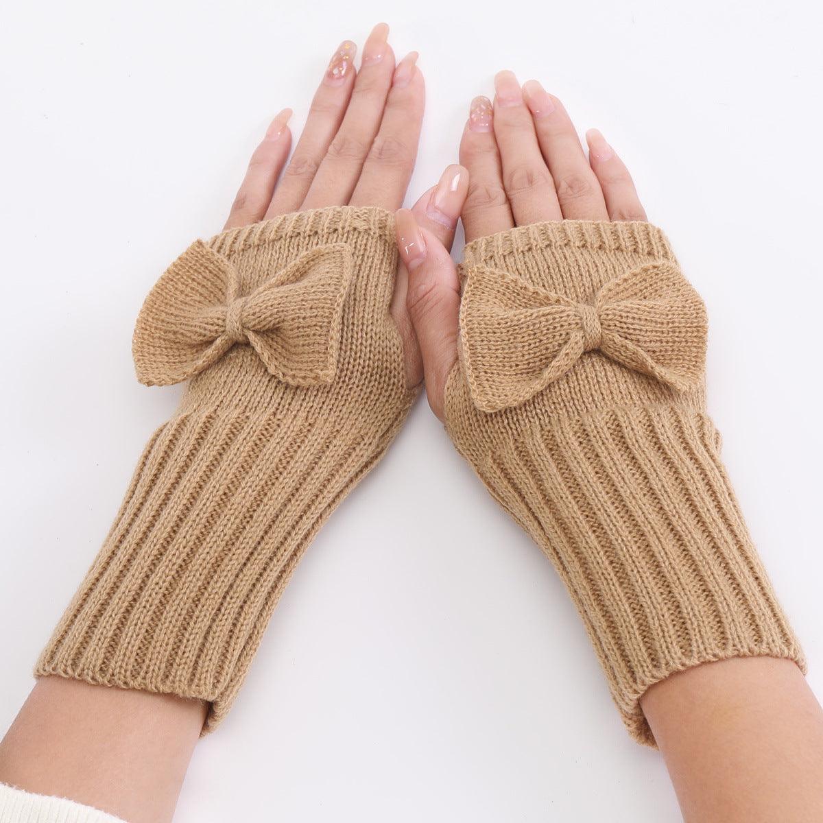 Bow Knitted Wool Keep Warm Half Finger Fingerless Gloves - Nioor