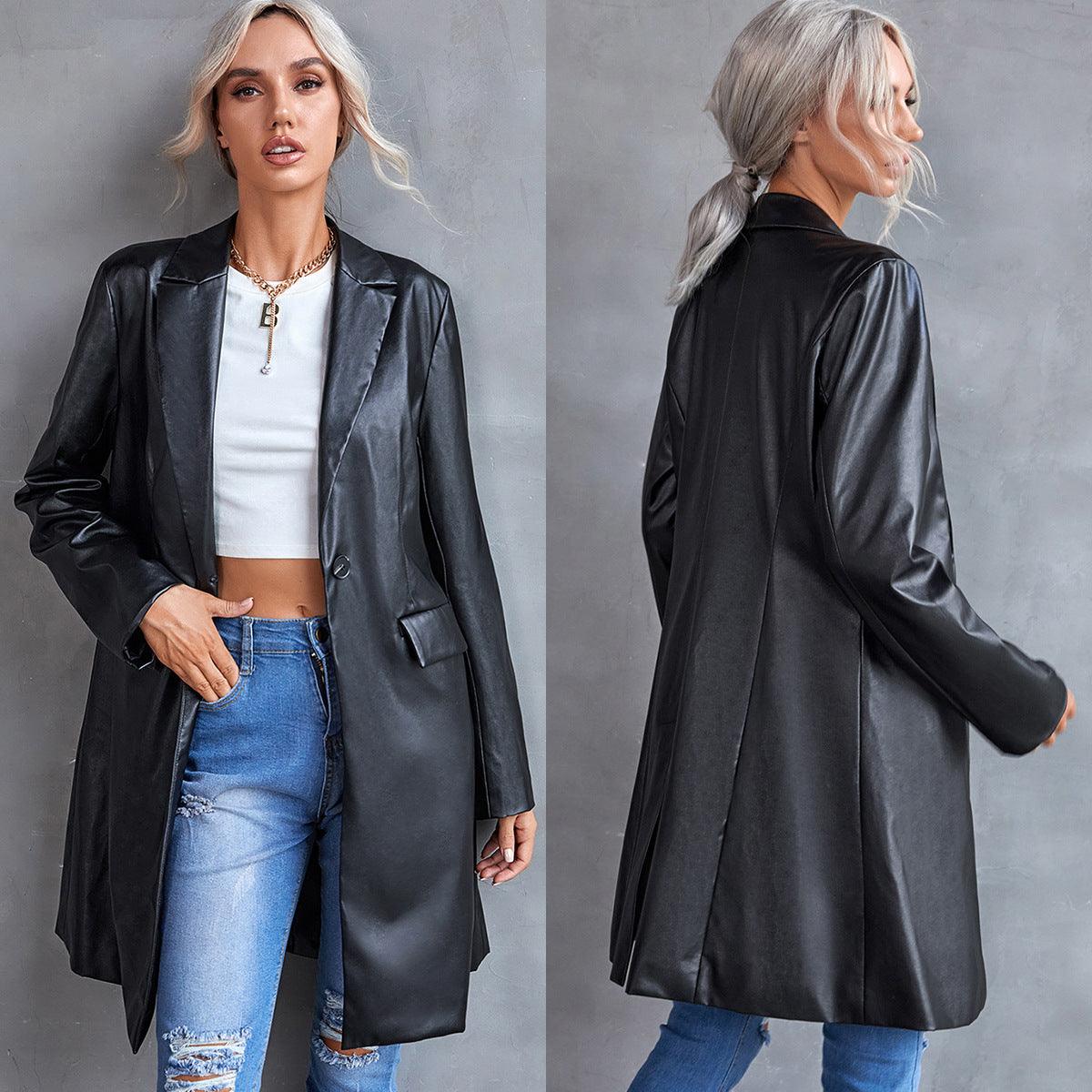 Women's Leather Slim Long-sleeved Windbreaker Blazer Top - Nioor