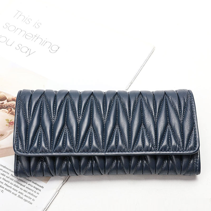 Women's Fashion Multi-card-slot Pleated Long Genuine Leather Wallet