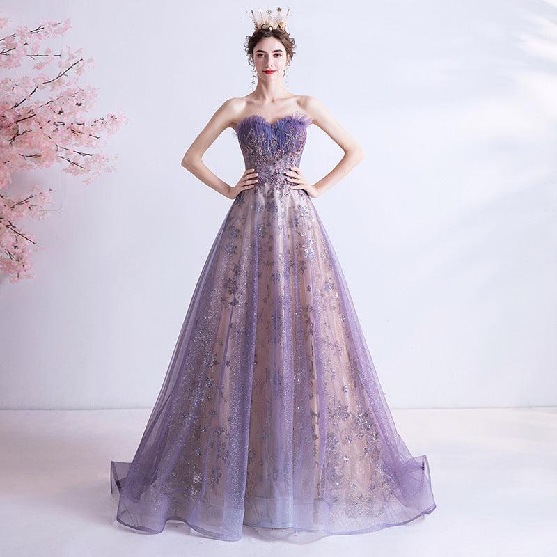 Strapless Purple Sequin Starry Dress Wedding Dress - Nioor