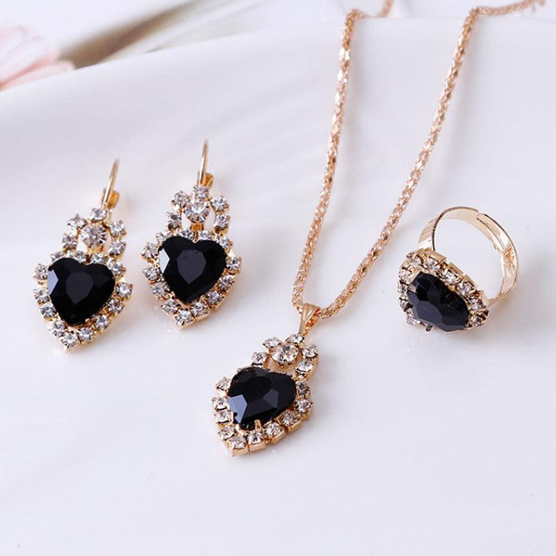 Water drop rhinestone necklace earrings ring set - Nioor