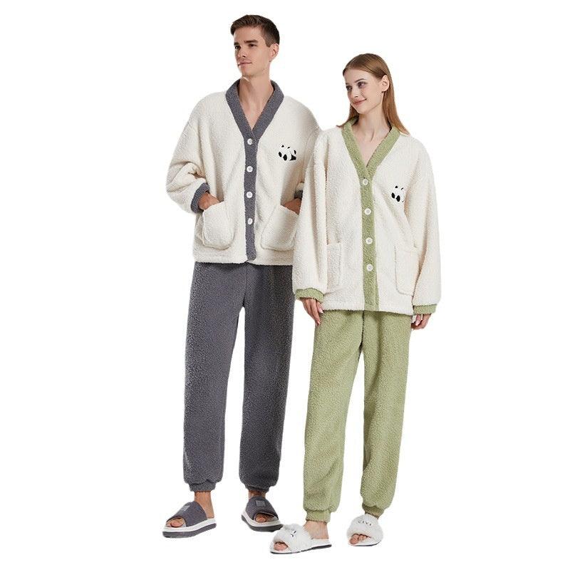 Couple Pajamas Women Winter Coral Fleece Thickened Casual Clothes Half Velvet Cartoon Panda Couple Pajamas Suit - Nioor