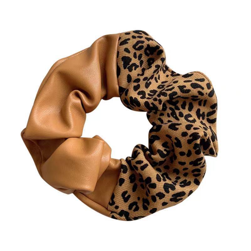 Leopard Print Leather Stitching New Color Block Large Intestine Hair Ring - Nioor