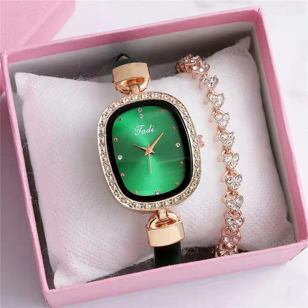 Women's Watch Bracelet Suit Two-piece Women's Quartz Watch Diamond Rhinestone Thin Belt Fashion Watch - Nioor