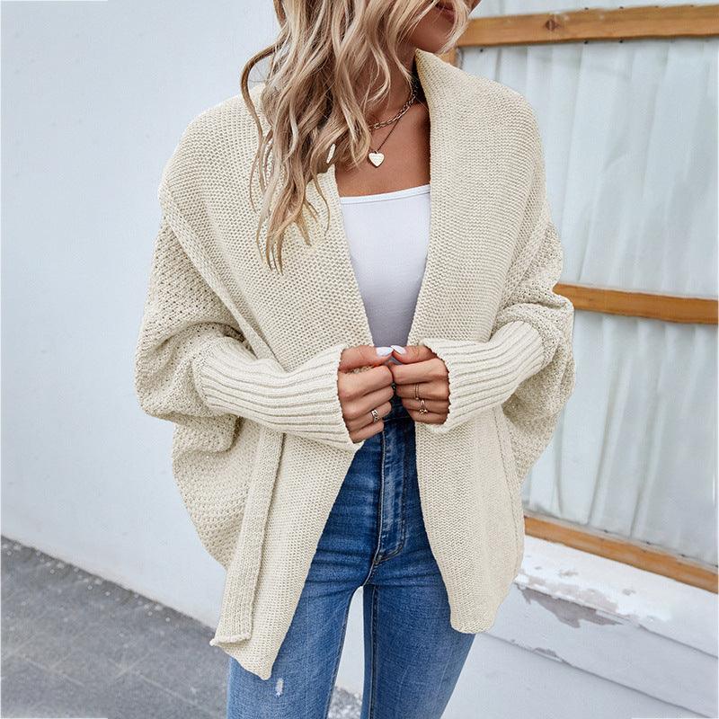 New Loose Knitted Sweater Solid Color Bat Sleeve Large Lapel Cardigan Autumn And Winter Fashion Jacket For Women Clothing - Nioor