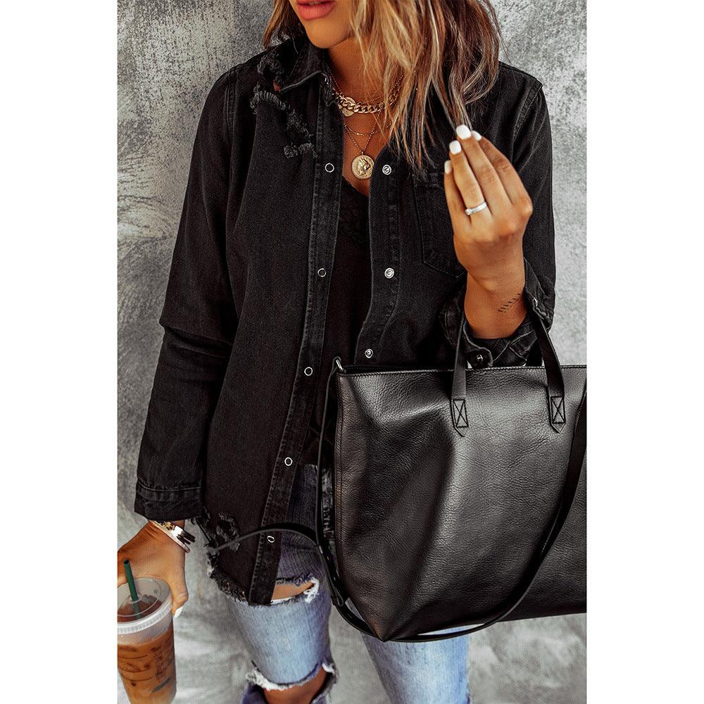 Black Ripped Shirt Denim Long Sleeve Coat Jacket Women - Nioor