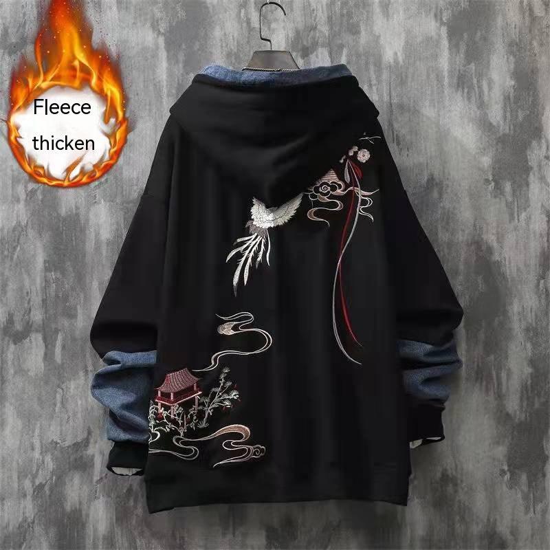 Chinese Style Button Embroidered Hooded Autumn And Winter Loose Stitching Denim Men's Clothing - Nioor