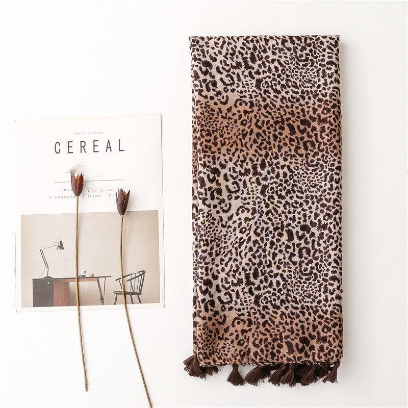 Fashion Large Leopard-print Personality Voile Silk Scarf Coffee Color Gradient Handmade Tassel Sun-proof - Nioor