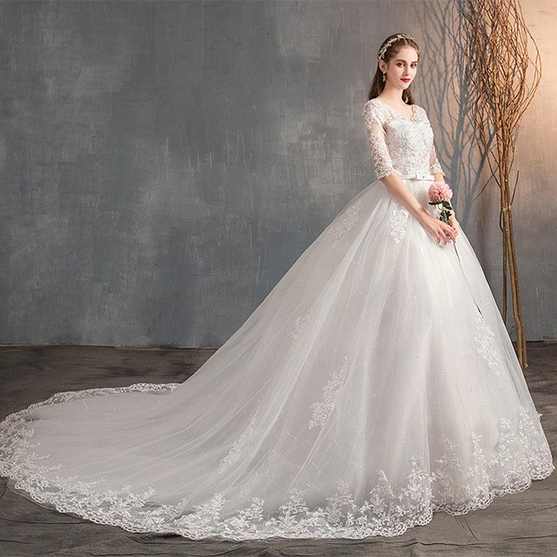 Wedding Dress Trailing Deep V Neck Lace High Waist Wedding Dress Long Sleeves - Nioor