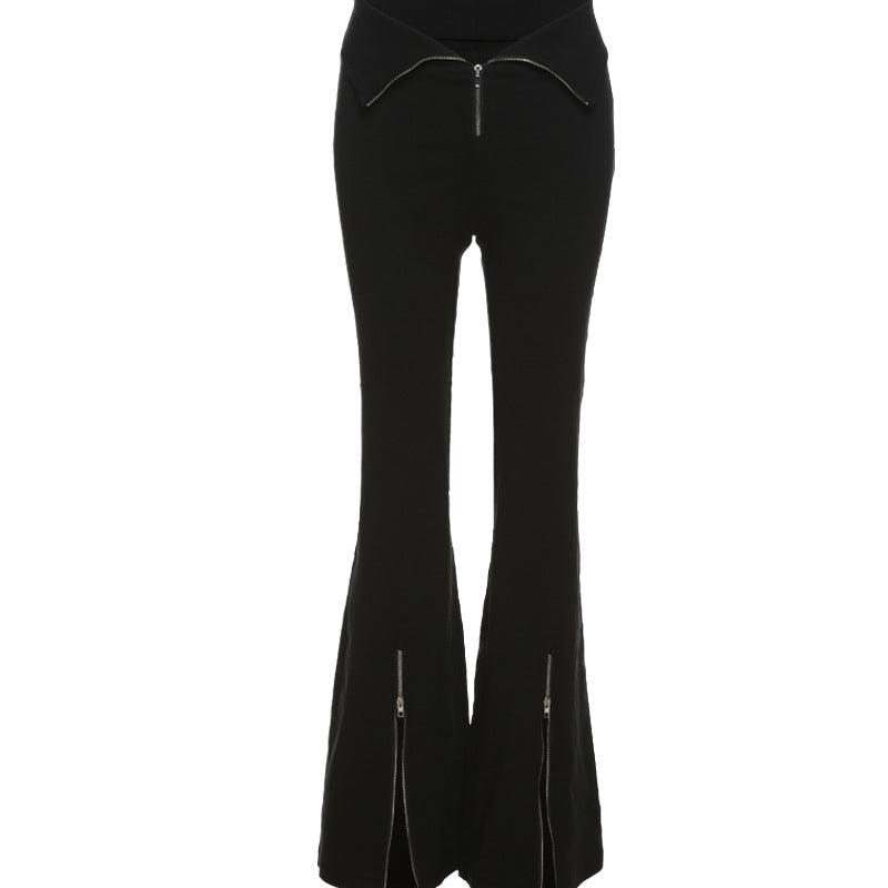 Niche Designer Black V-shaped Flanging Zipper Bootcut Trousers Slimming High Waist Slit Casual Trousers - Nioor