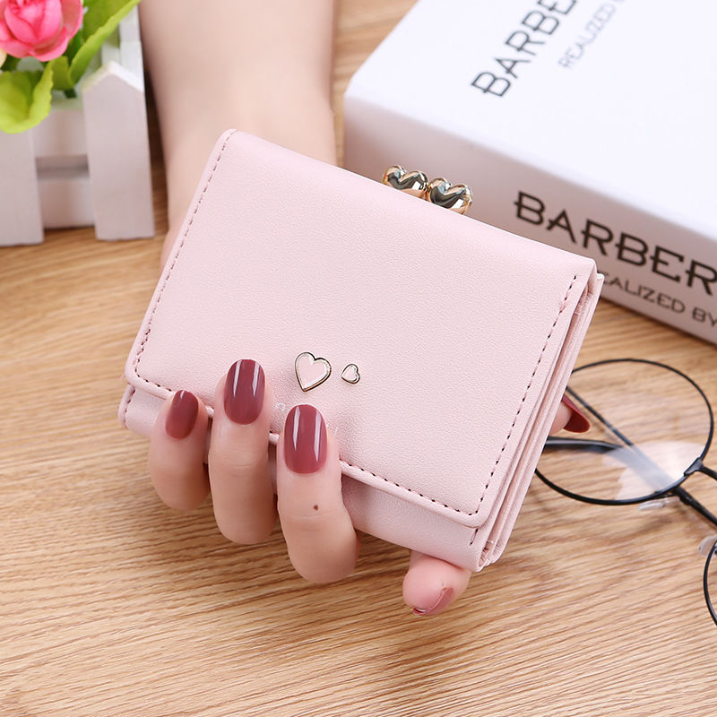 Three Fold Two Hearts Women's Purse Female Student Cute Coin Purse Short Style Multi-card Clip