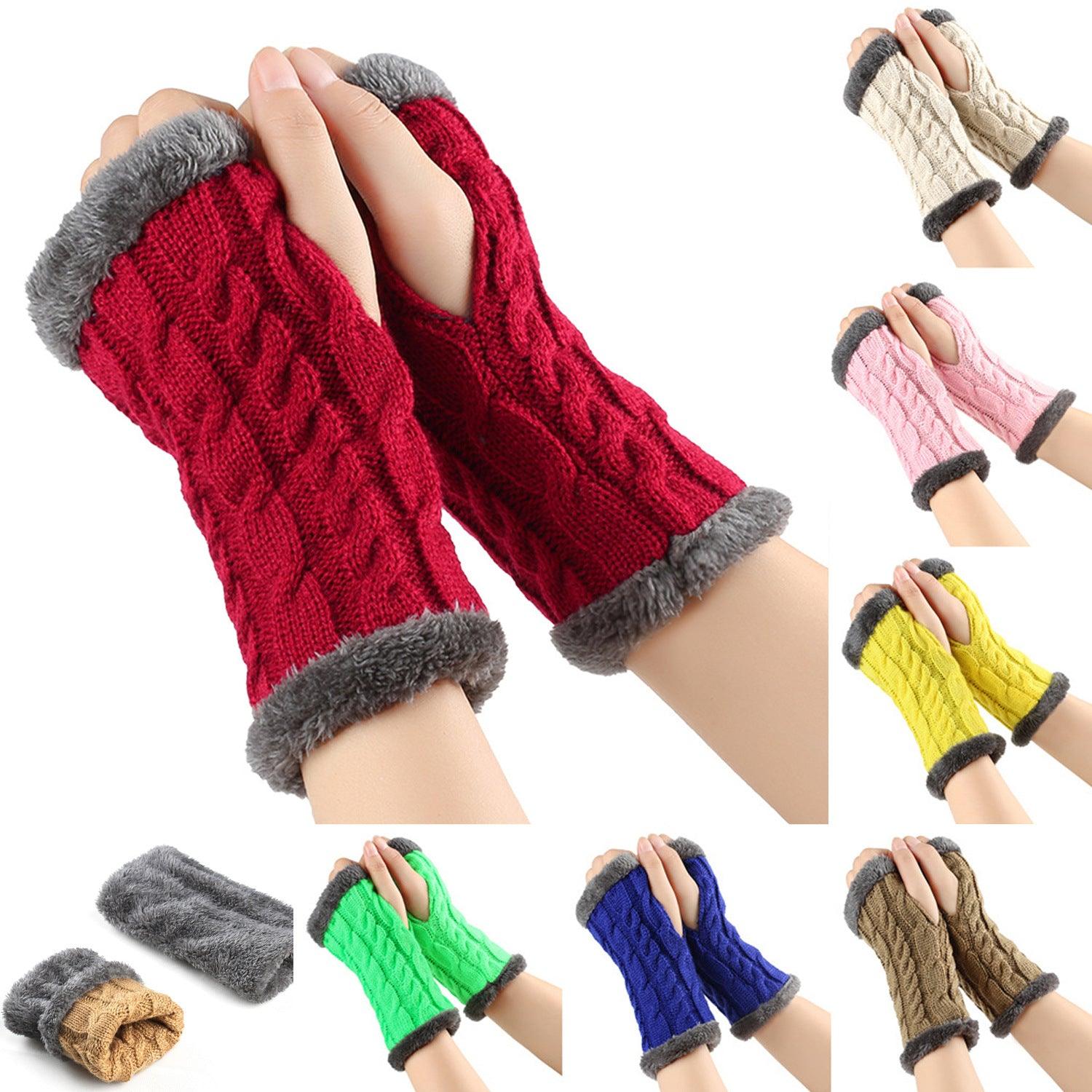 Winter Plush Gloves Twist Knitted Fingerless Fleece Gloves Women Warm Thickened Woolen Gloves - Nioor