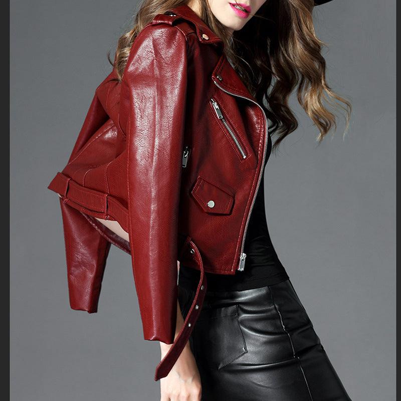 Women's Short Slim PU Leather Jacket - Nioor