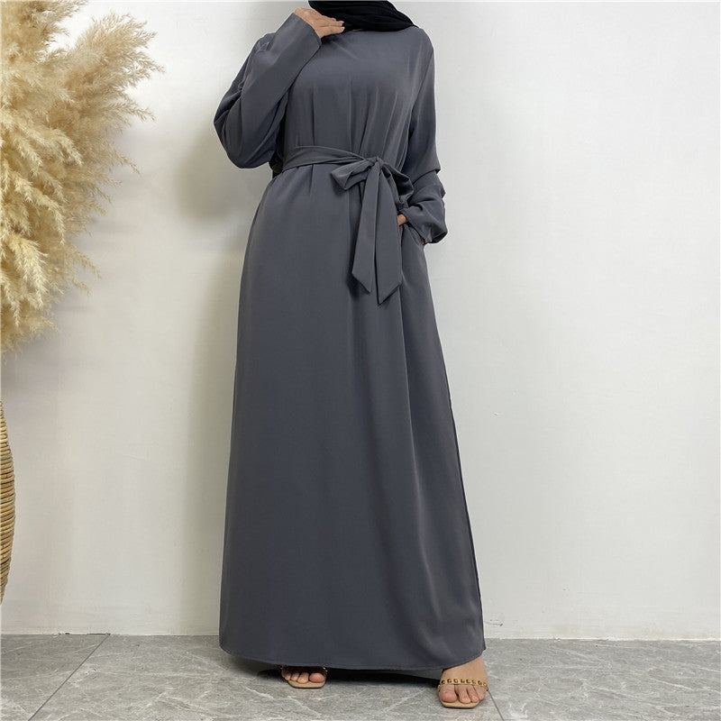 Clear Color Lace Up Muslim Dress With Pockets