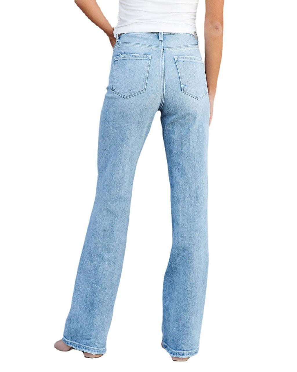 European And American Style Washed Fashionable All-match Mid-waist Denim Straight-leg Trousers - Nioor