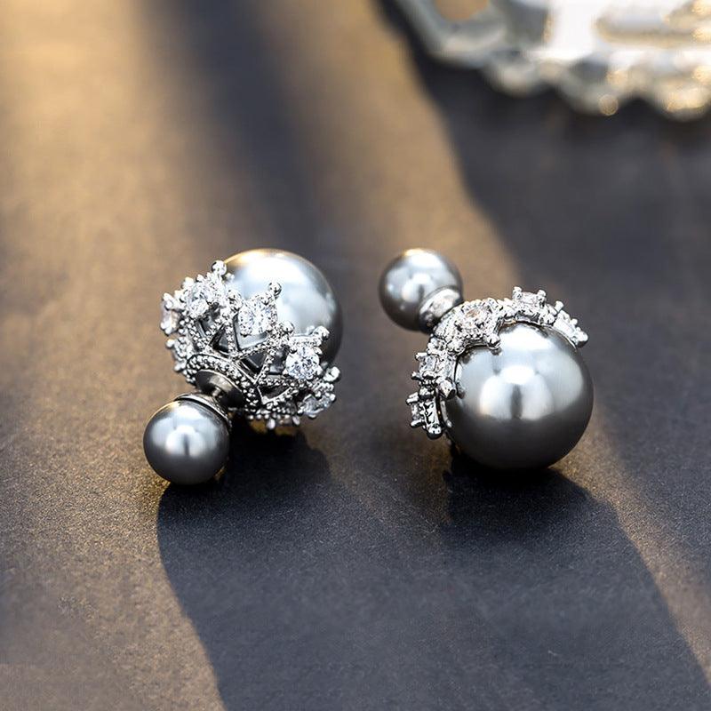 Sterling Silver Double-sided Pearl Stud Earrings - Nioor