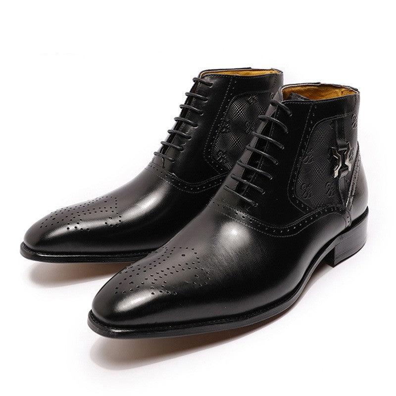 Men's Pointed Leather Boots Front Lace-up Boots - Nioor