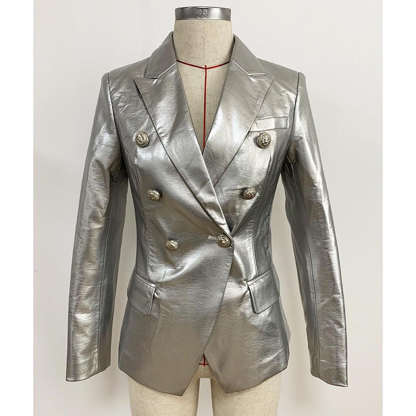 Double-breasted Shiny Silver Synthetic Leather Slim Suit Jacket - Nioor