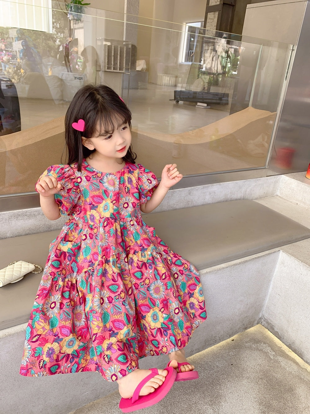 Girls' Floral Dress Short Sleeve Children's Western Style Baby