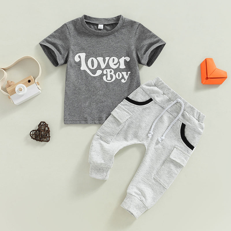 Baby Boy Short Sleeve Monogram Print T-shirt Gray Summer Clothing Set