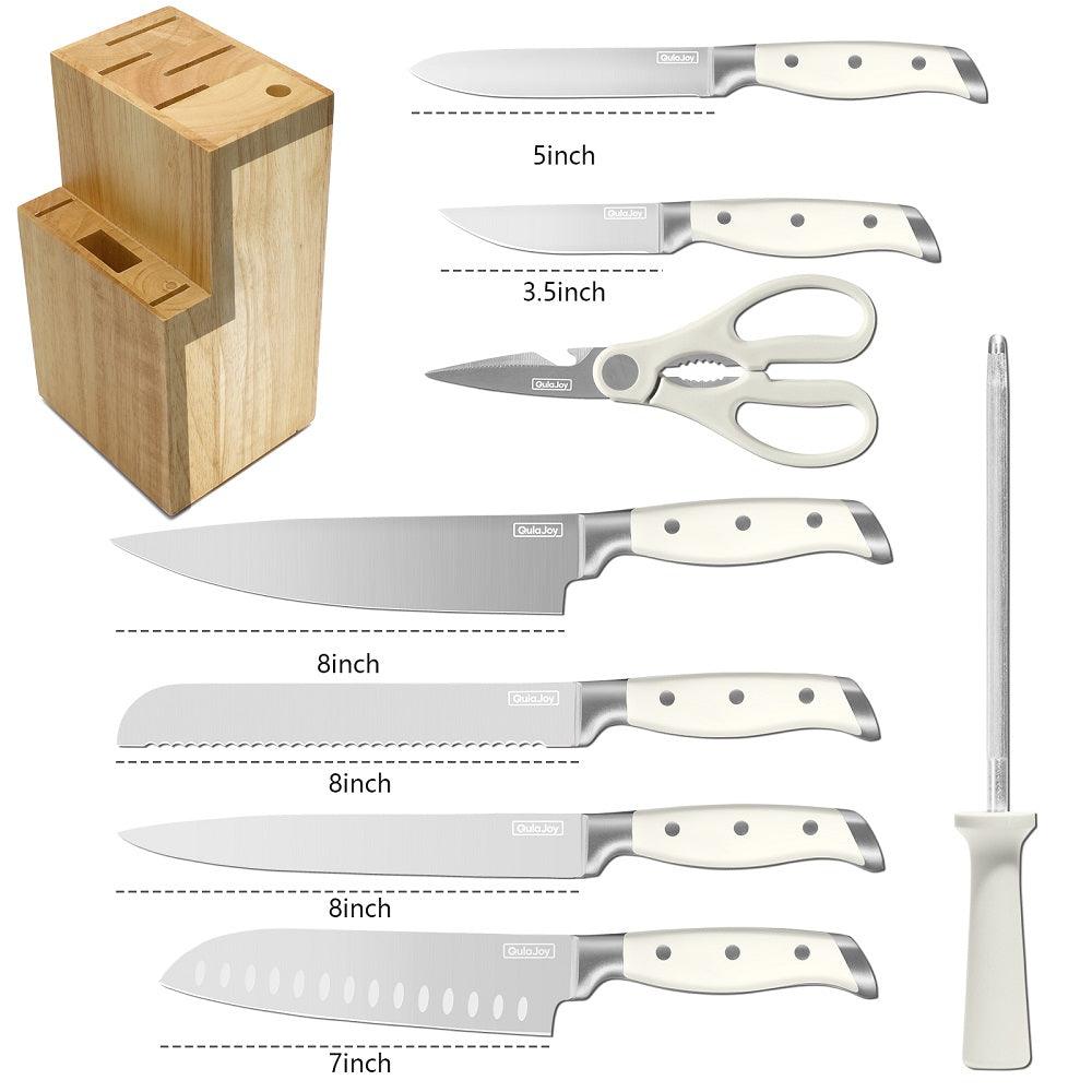 Qulajoy White Knife Set With Block - 9 Piece Razor Sharp Forged High Carbon Stainless Steel Kitchen Knives - Triple Rivet Cooking Knife Set With Kitchen Shear And Sharpener Stick - Nioor