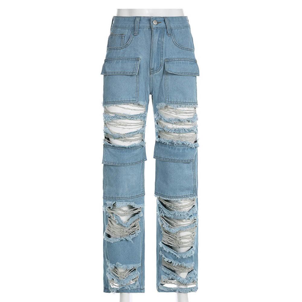 Beggar Wind Hole Raw Hem Jeans Female - Nioor