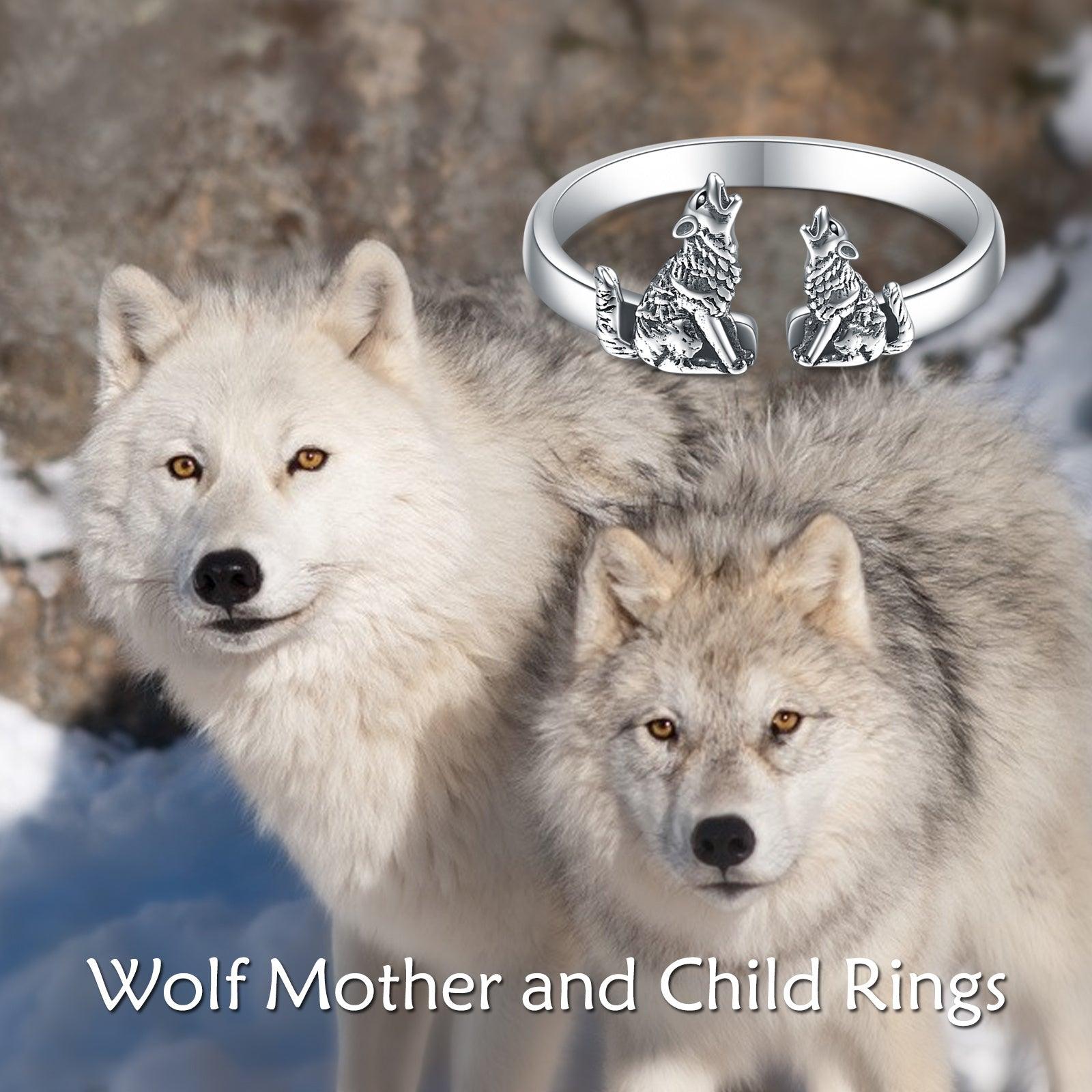 Sterling Silver Wolf Rings Mother and Child Open Adjustable Size Rings - Nioor