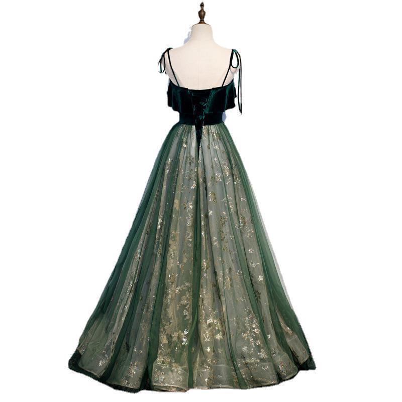 Banquet Sling Temperament Long Dress Dark Green Fantasy Mori - Nioor