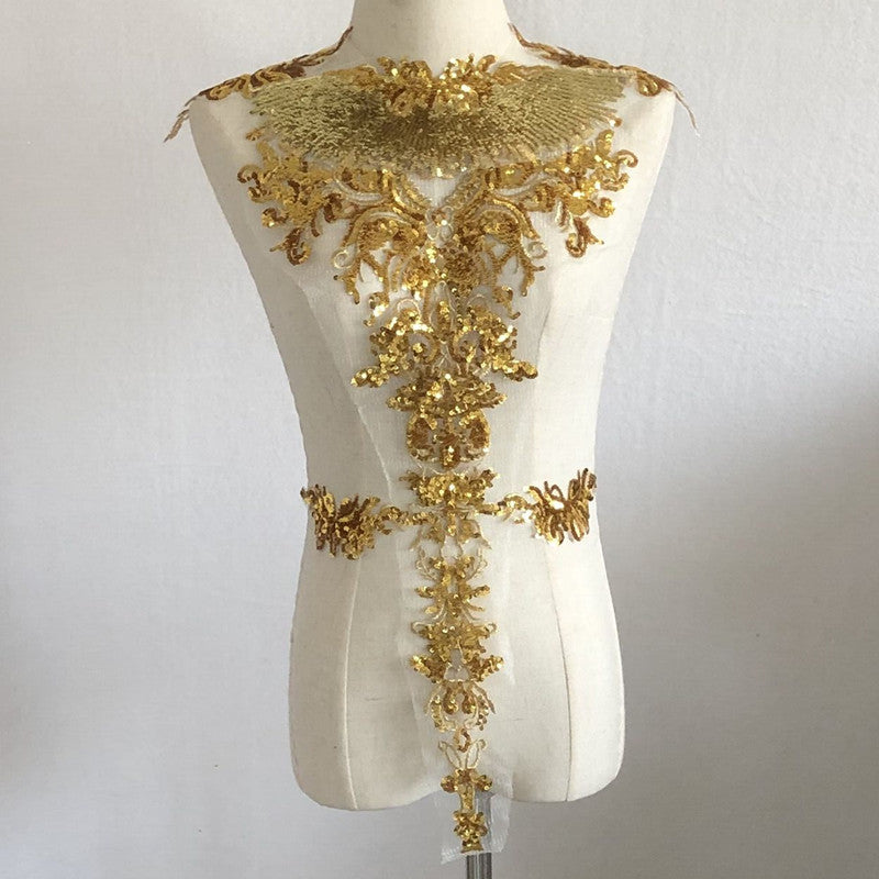 Gold Sequin Flower Gauze Embroidery Cloth Stick Dance Clothes Decorative Accessories