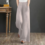 Pure Linen Plus Size Wide Leg Pants Women Drawstring Elastic - Nioor