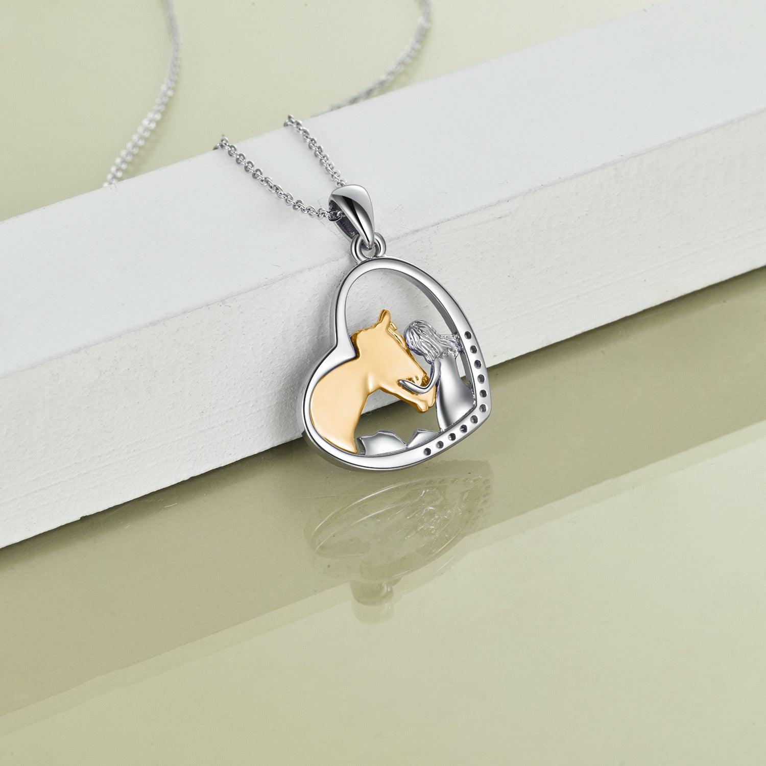 Sterling Silver Girls Embrace Horse Heart Pendant Necklace for Women Girls - Nioor