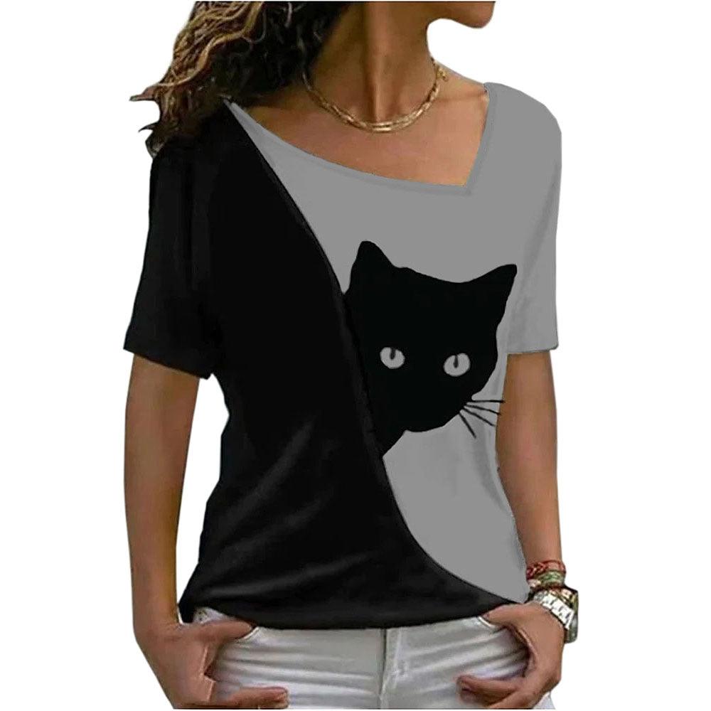 Women's Cat Printing Top Short Sleeve - Nioor