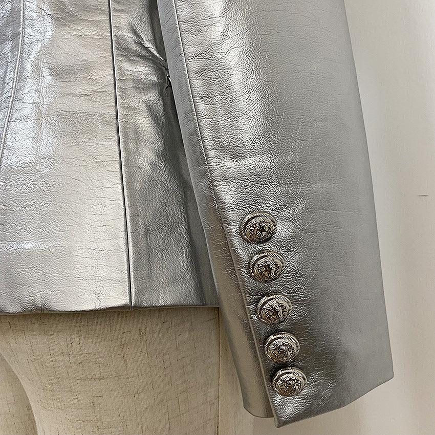 Double-breasted Shiny Silver Synthetic Leather Slim Suit Jacket - Nioor