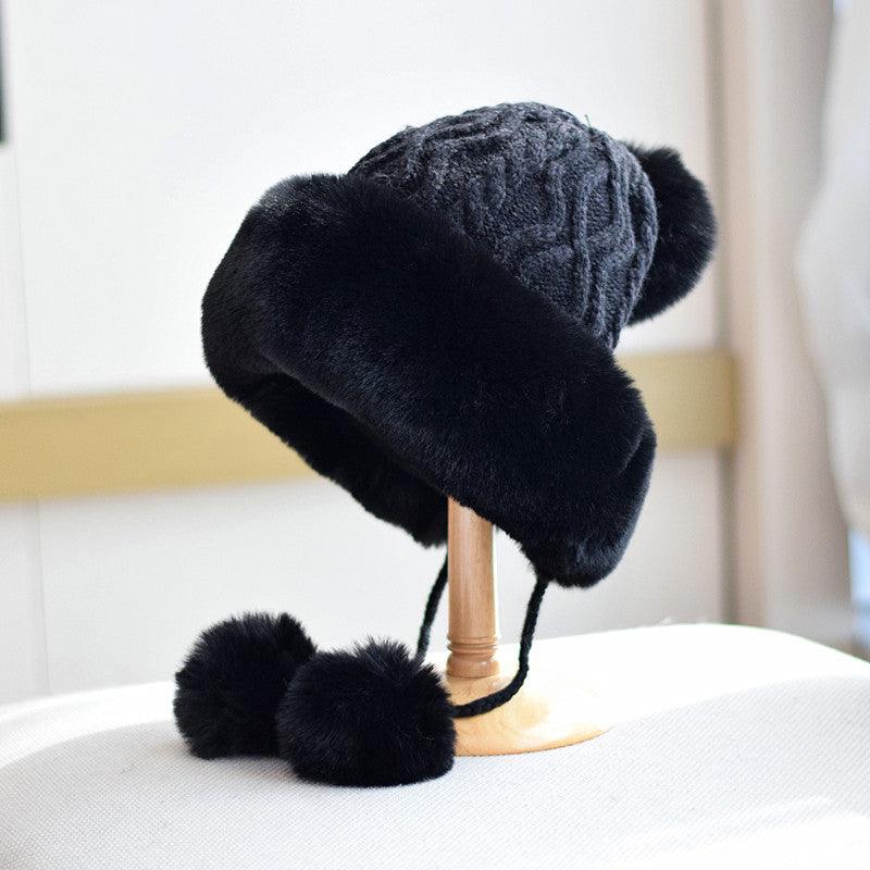 Fur Ball Lace-up Back Slit Ushanka Women's Warm Hat - Nioor