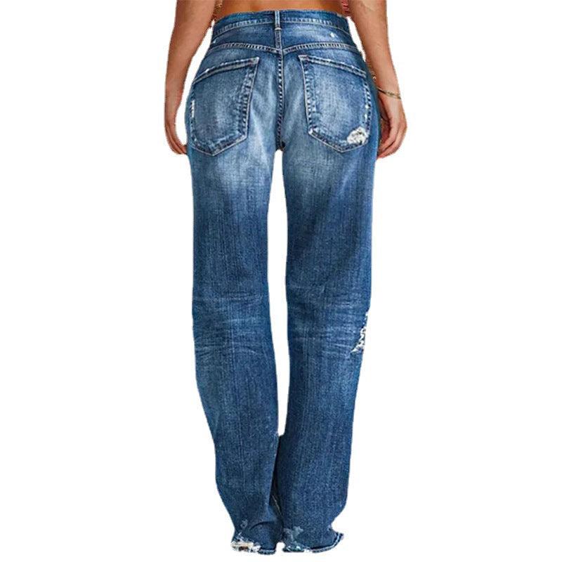 Women's Denim Trend Mid Waist Ripped Leisure Straight-leg Pants - Nioor