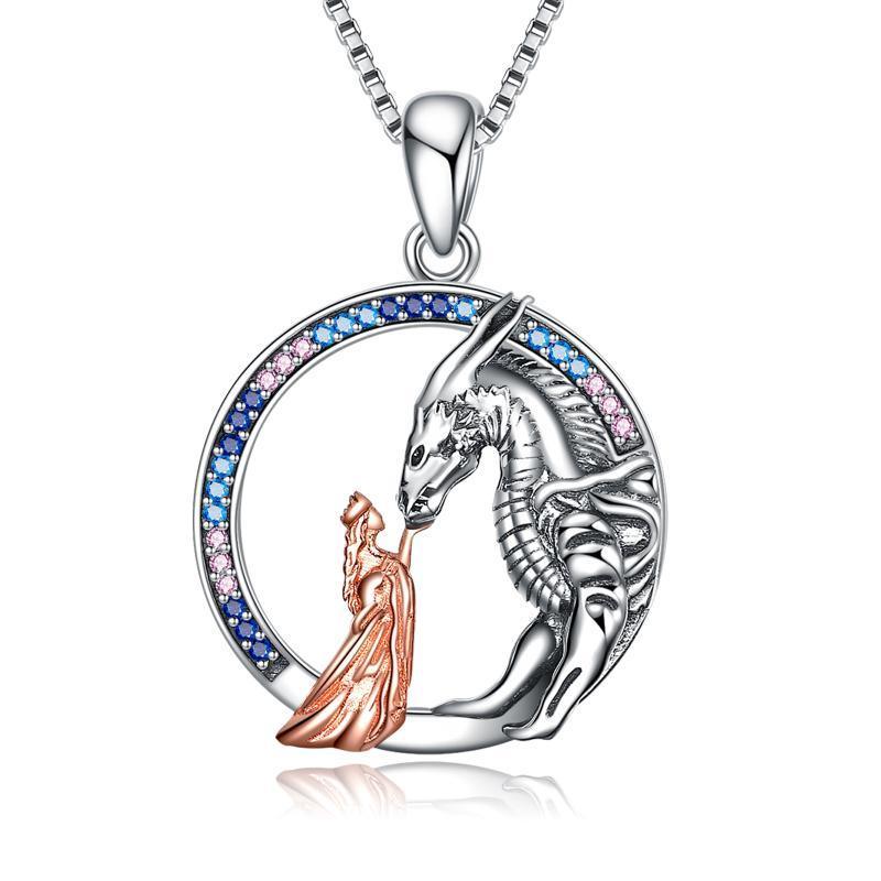 Sterling Silver Girl and Dragon Queen Princess Stroking Necklace Jewelry - Nioor