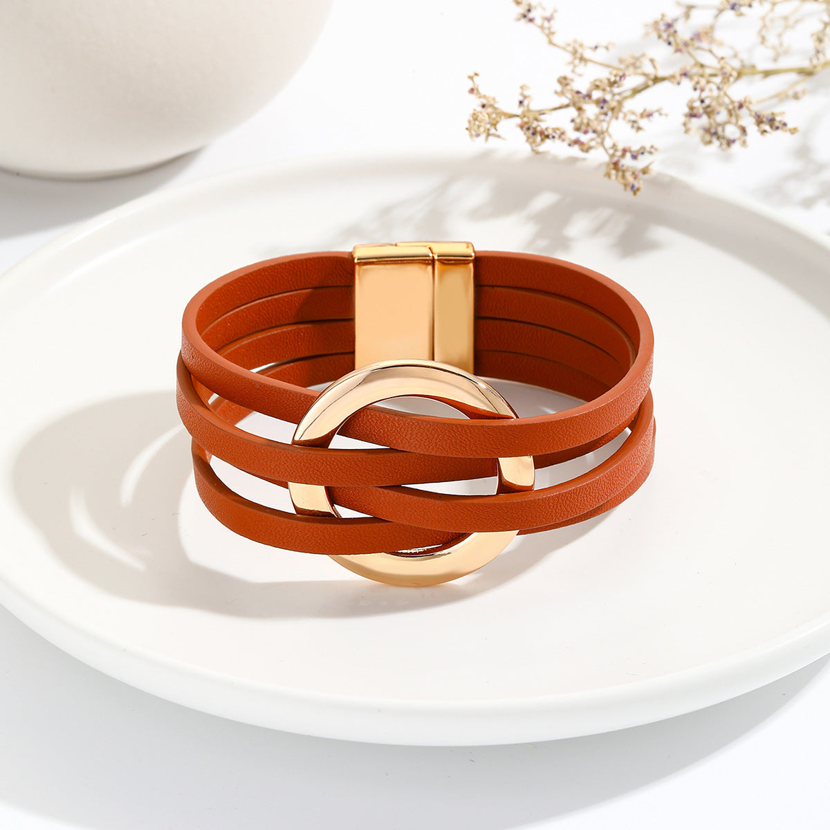 Cross Leather Women Bracelet Metal Big Ring Cuff Bangle Multi-layer Wristband Magnetic Snap Bangle